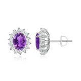 Beautiful Oval Amethyst & Created Moissanite Flower Stud Earrings