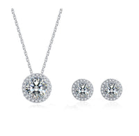 Platinum Plated Sterling Silver Moissanite Halo Stud Earrings & Matching Halo Pendant