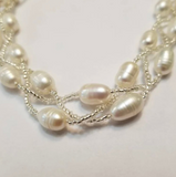 Three Strand Genuine White Freshwater Pearls & Glass Necklace