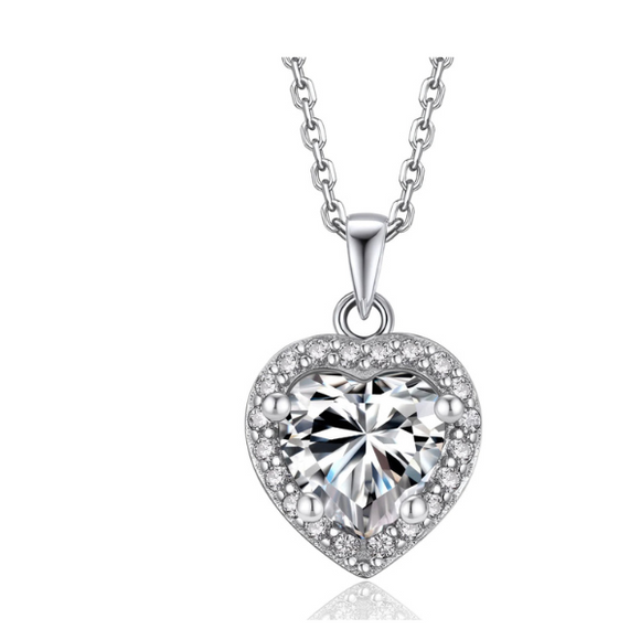 Stunning 2.50ctw Halo Heart Necklace In .925 Sterling Silver, Created Moissanite