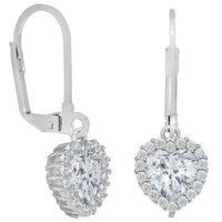 14K White Gold Plated Created Moissanite Heart Halo Drop Earrings