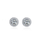 Platinum Plated Sterling Silver Moissanite Halo Stud Earrings & Matching Halo Pendant