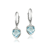 Dainty Icy Blue Aquamarine Heart Dangle Earrings in .925 Sterling Silver