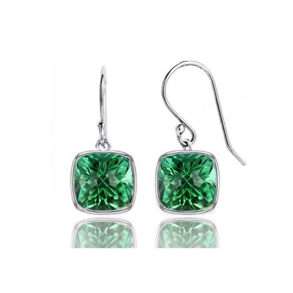 4.00 CTW Cushion Shaped Created Emerald Drop Earrings in Solid .925 Sterling Silver