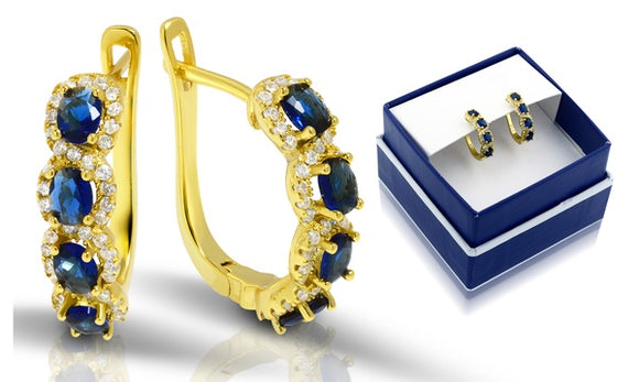 Beautiful Yellow Gold Over Sterling Silver Created Blue Sapphire and Moissanite Halo Hoops