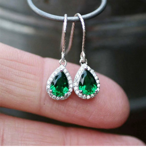 2 Ct Pear Lab Grown Green Emerald Drop Dangle Earrings White Gold