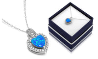 2 CTW Blue Opal Heart Halo Necklace in .925 Sterling Silver