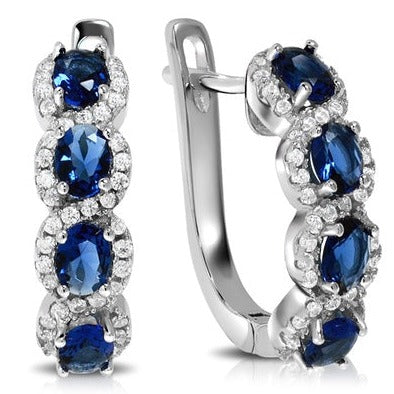 1CTW Halo Hoop Earrings, Created Blue Sapphire & Moissanite in .925 Sterling Silver